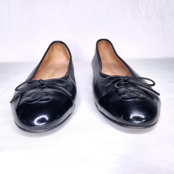 CHANEL Black Cambon Leather Ballet Flats Bow CC Logo Classic Ballerina Size 37.5 - Picture 8 of 15
